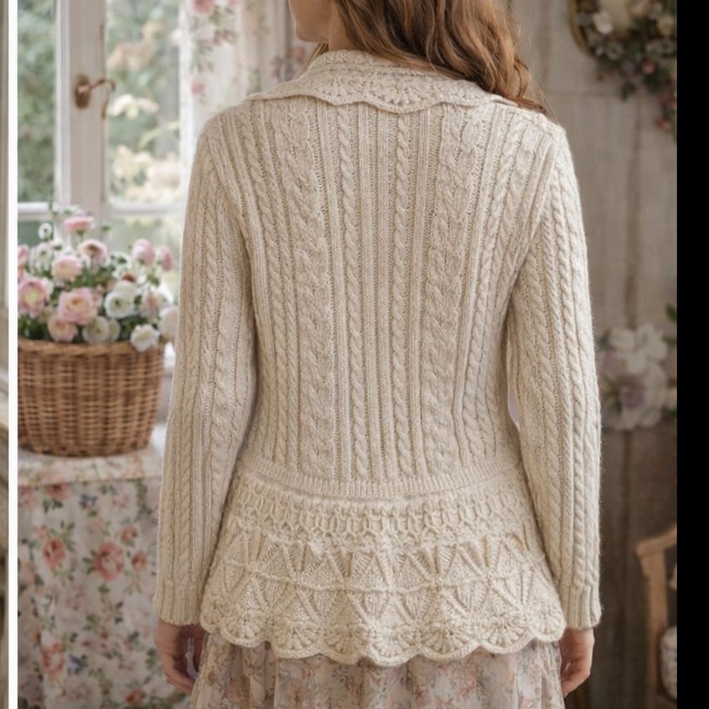 Ralph Lauren Ivory Cable Lace Knit Cardigan S Boho Cottagecore Romantic Sweater - Picture 2 of 16